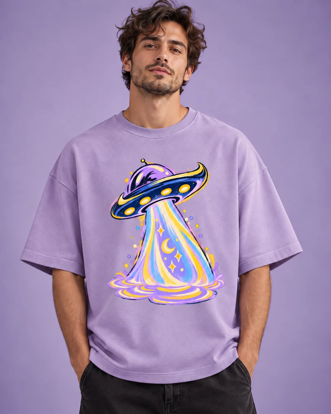 Model wearing the Moonbeam Club UFO oversized tee in lavender – Fourth Dimension Club