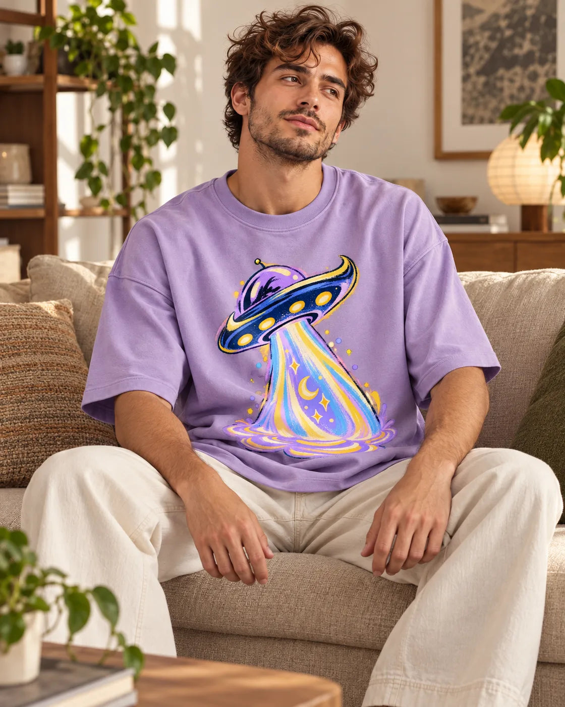 Man relaxing on a sofa in the Moonbeam Club UFO oversized tee, lavender