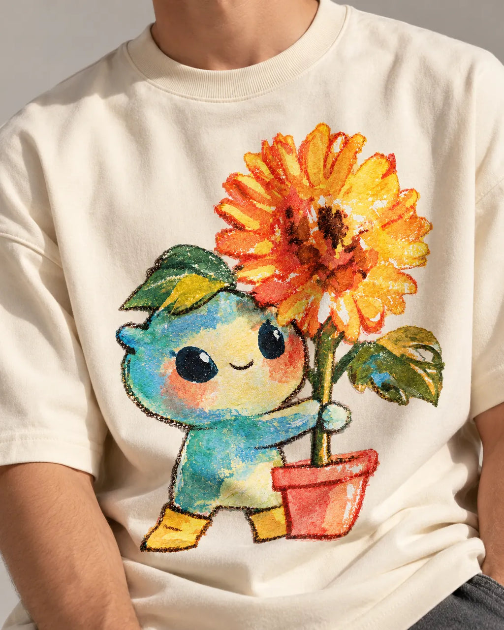 Close-up of a teal creature carrying a potted orange sunflower printed on an off-white oversized French terry t-shirt