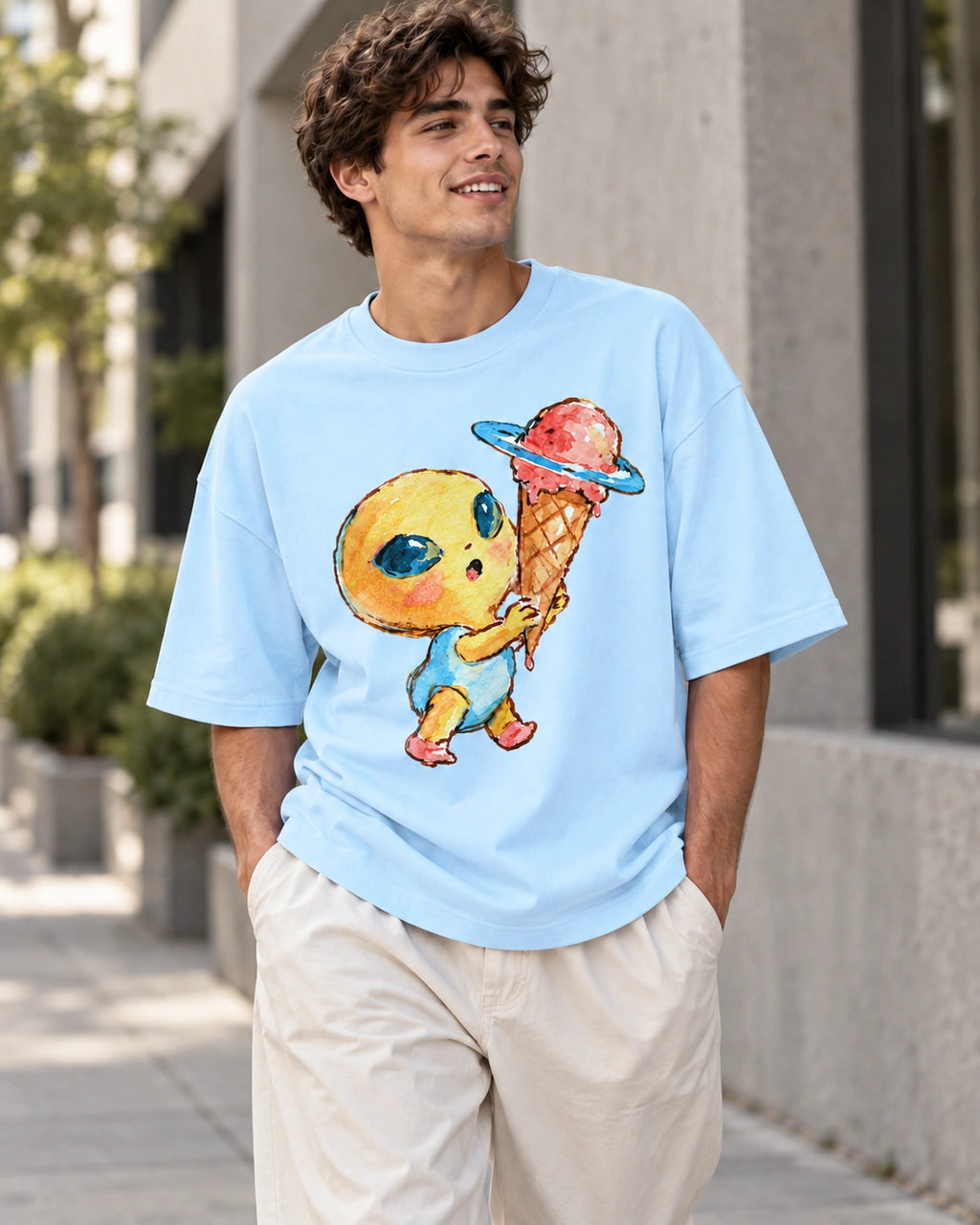Man on a street in a baby blue oversized French terry t-shirt with a yellow alien holding a Saturn-ringed ice cream cone