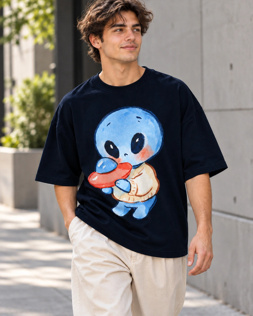 Man on a street in a navy blue oversized French terry t-shirt with a blue alien in a sweater hugging a small red UFO