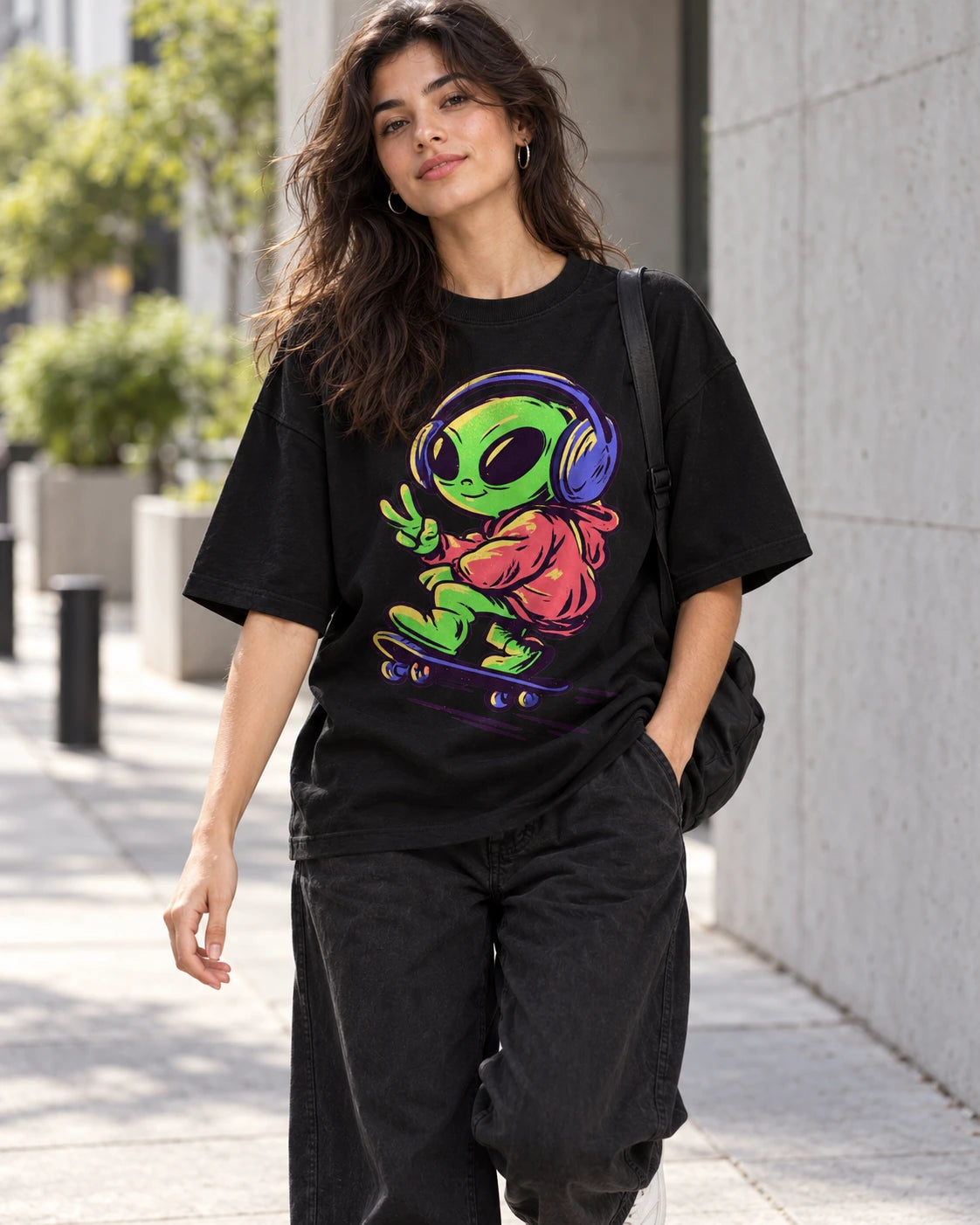 Woman on a street in a black oversized French terry t-shirt with a green alien in headphones skateboarding with a peace sign