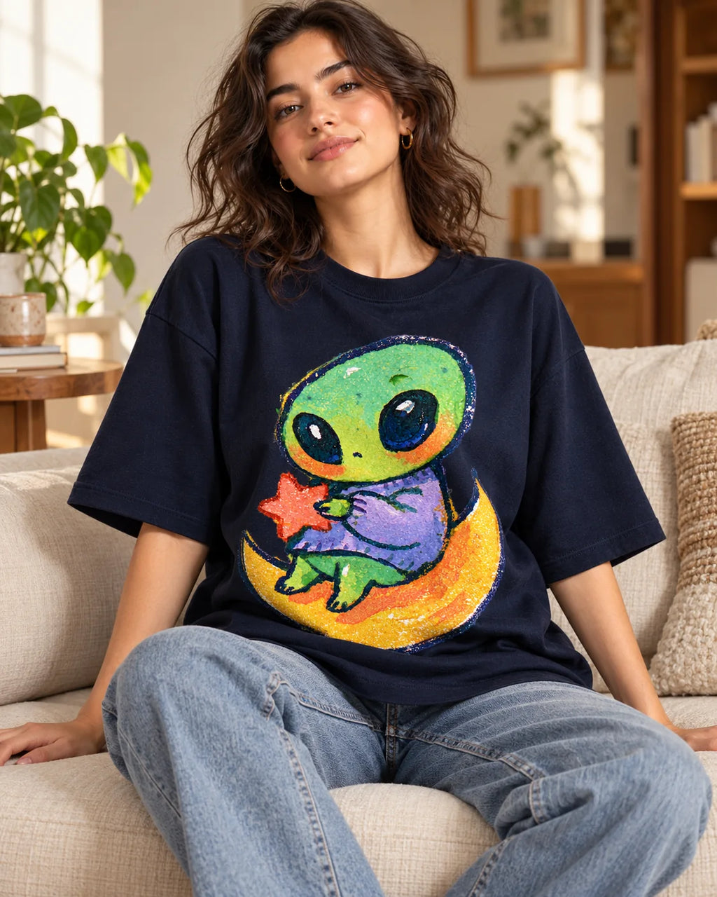 Woman on a sofa in a navy blue oversized French terry t-shirt with a green alien hugging a red star on a crescent moon