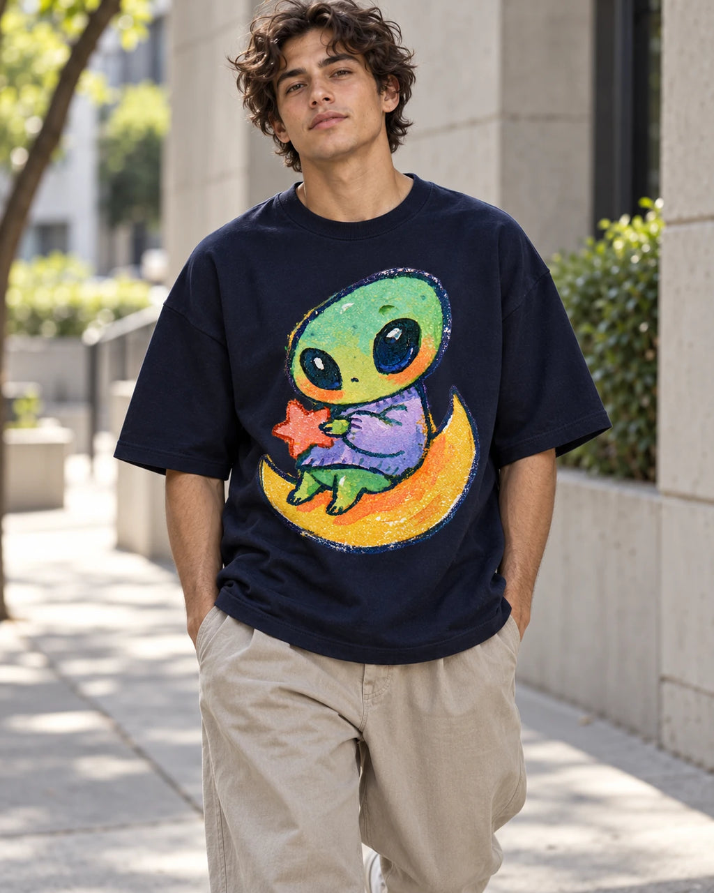 Man on a street in a navy blue oversized French terry t-shirt with a green alien hugging a red star on a crescent moon
