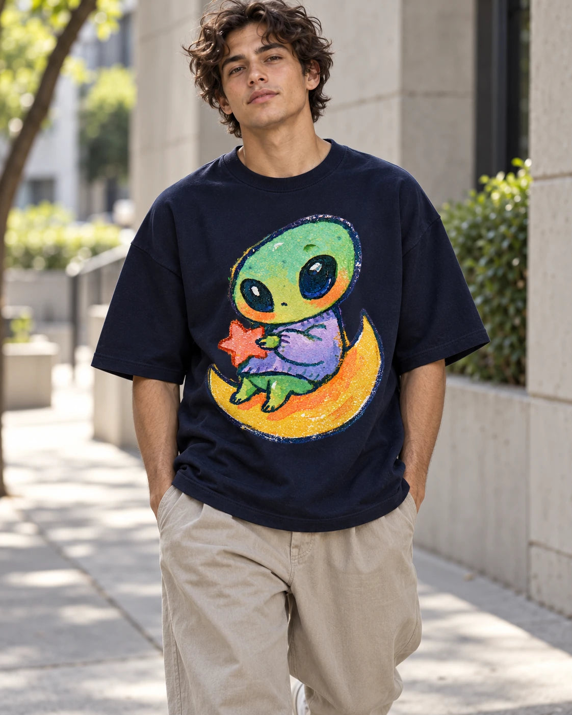 Man on a street in a navy blue oversized French terry t-shirt with a green alien hugging a red star on a crescent moon