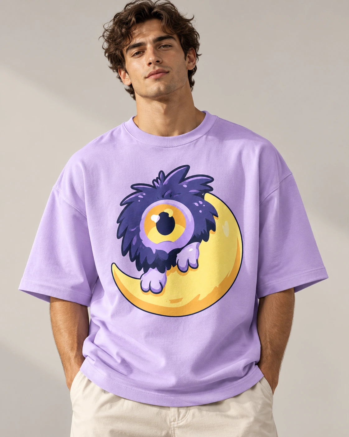 Man in a lavender oversized French terry t-shirt printed with a fluffy one-eyed purple monster on a yellow moon