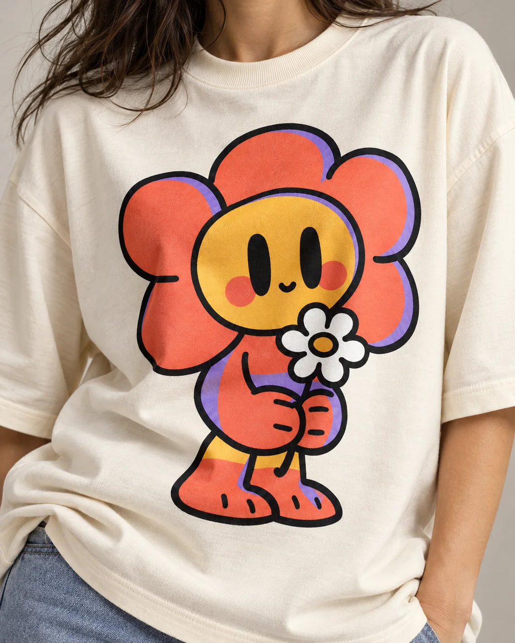 Close-up of a smiling orange flower character holding a daisy printed on an off-white oversized French terry t-shirt
