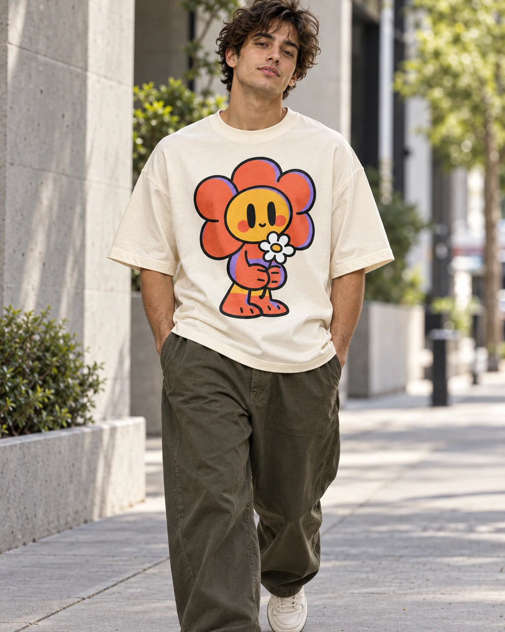 Man on a street in an off-white oversized French terry t-shirt with a smiling orange flower character holding a daisy