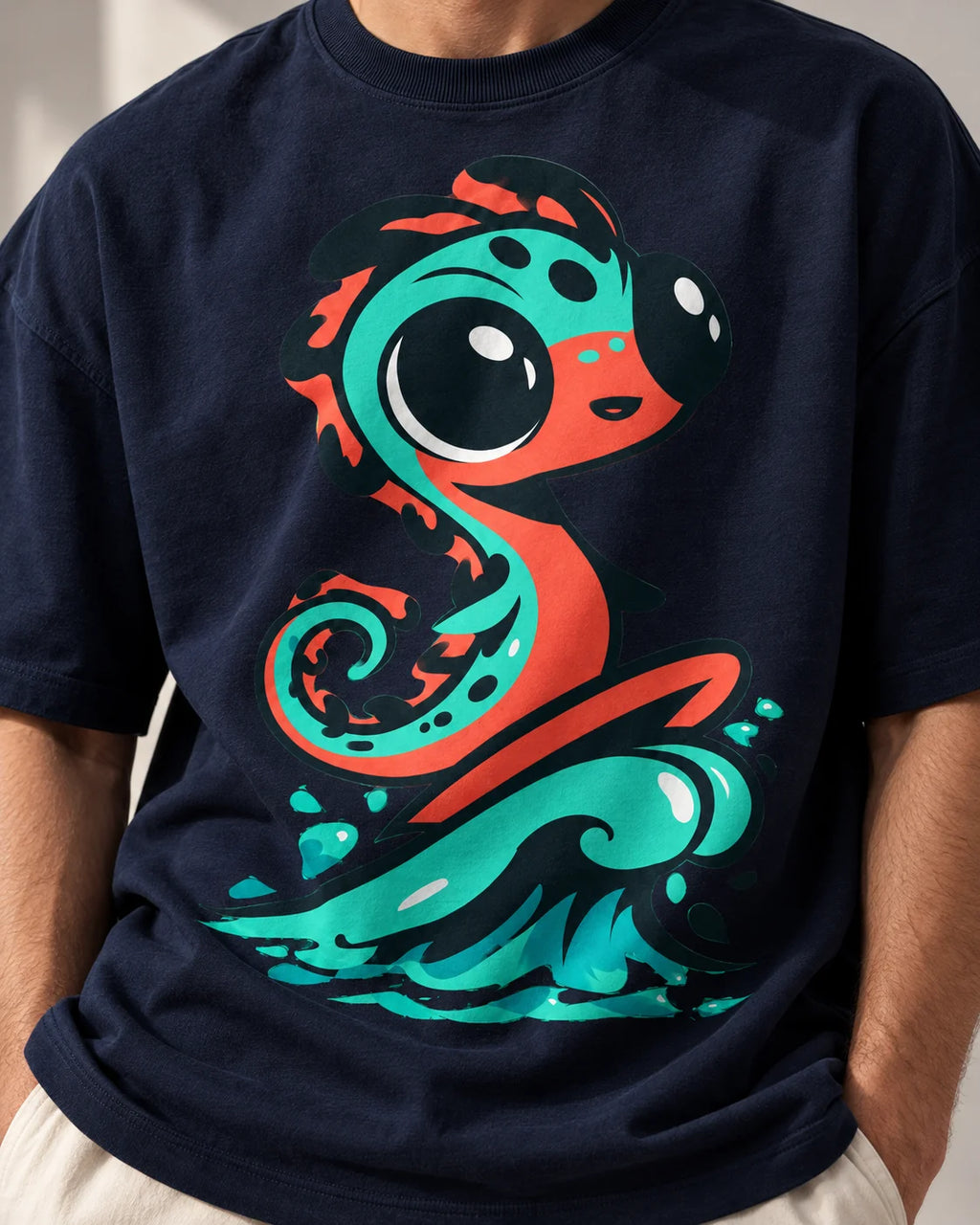 Close-up of a teal sea serpent rising from a wave printed on a navy blue oversized French terry t-shirt