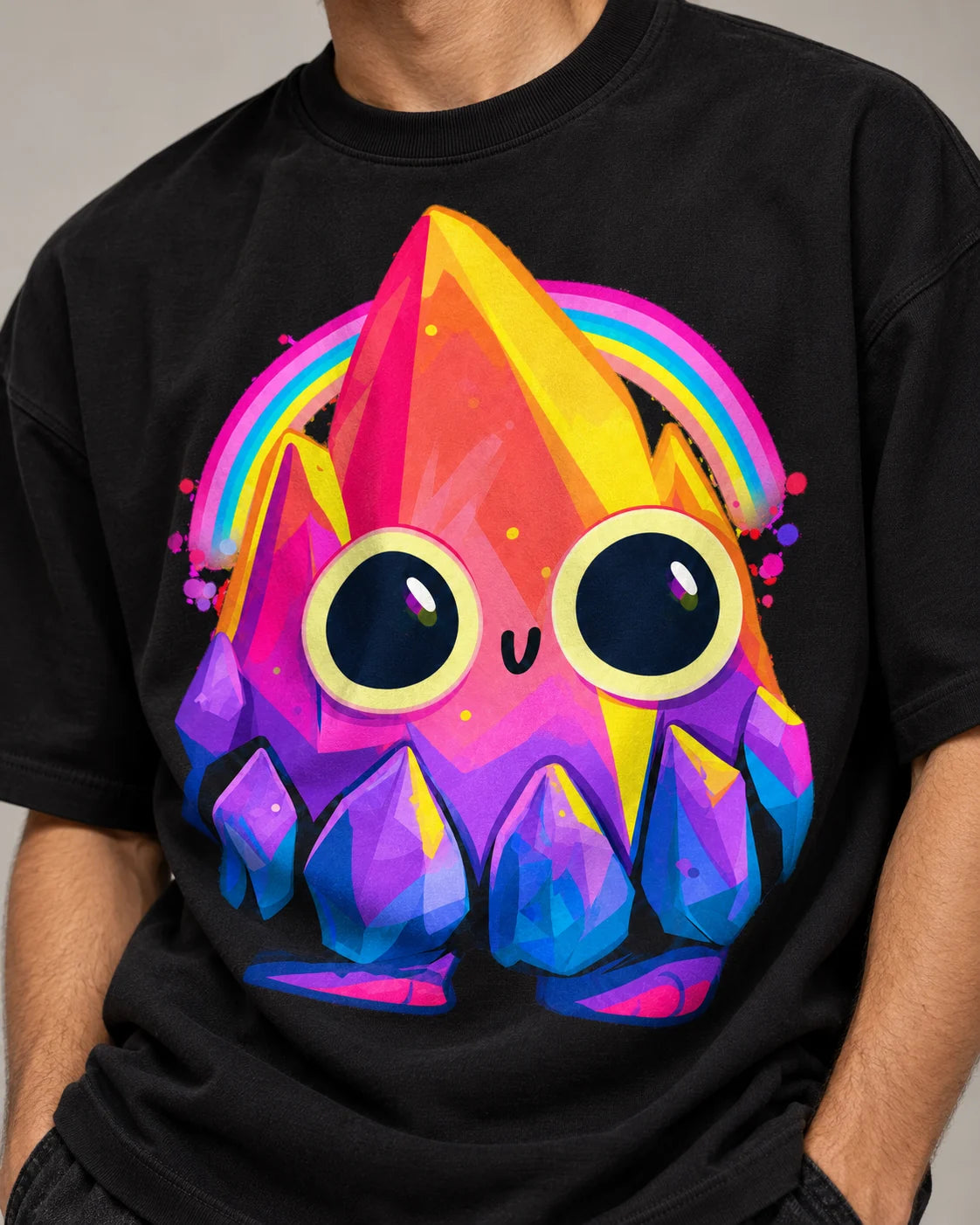 Close-up of a smiling rainbow crystal creature with big round eyes printed on a black oversized French terry t-shirt