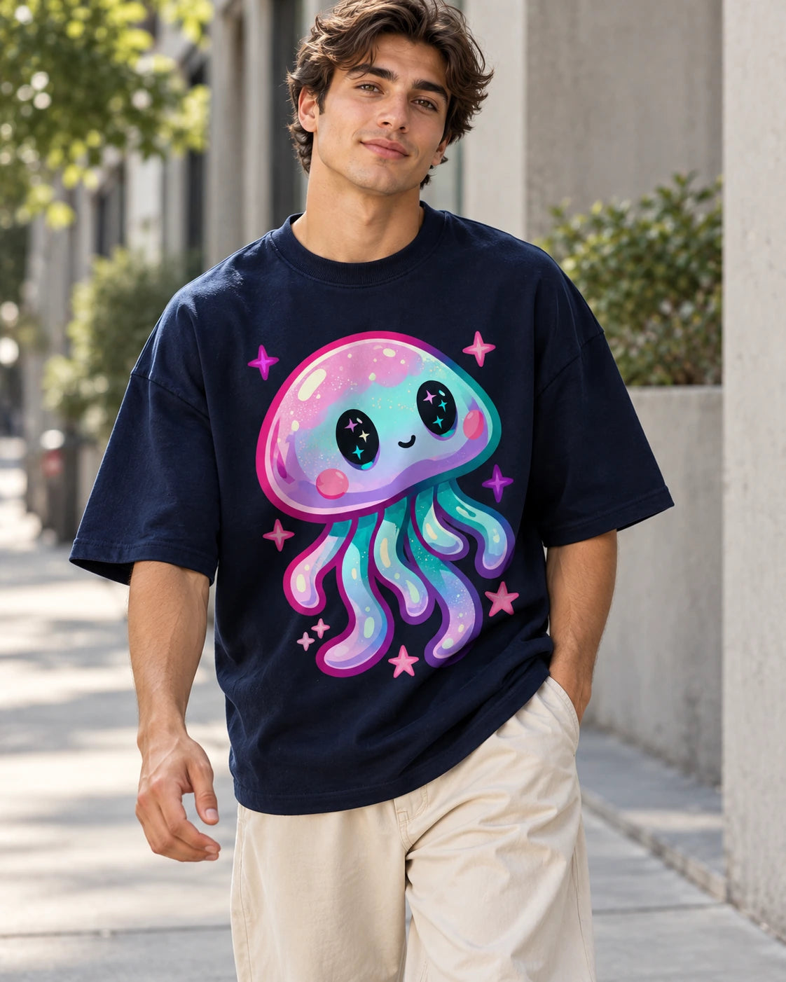 Man on a street in a navy blue oversized French terry t-shirt with a pastel jellyfish with starry eyes and pink sparkles