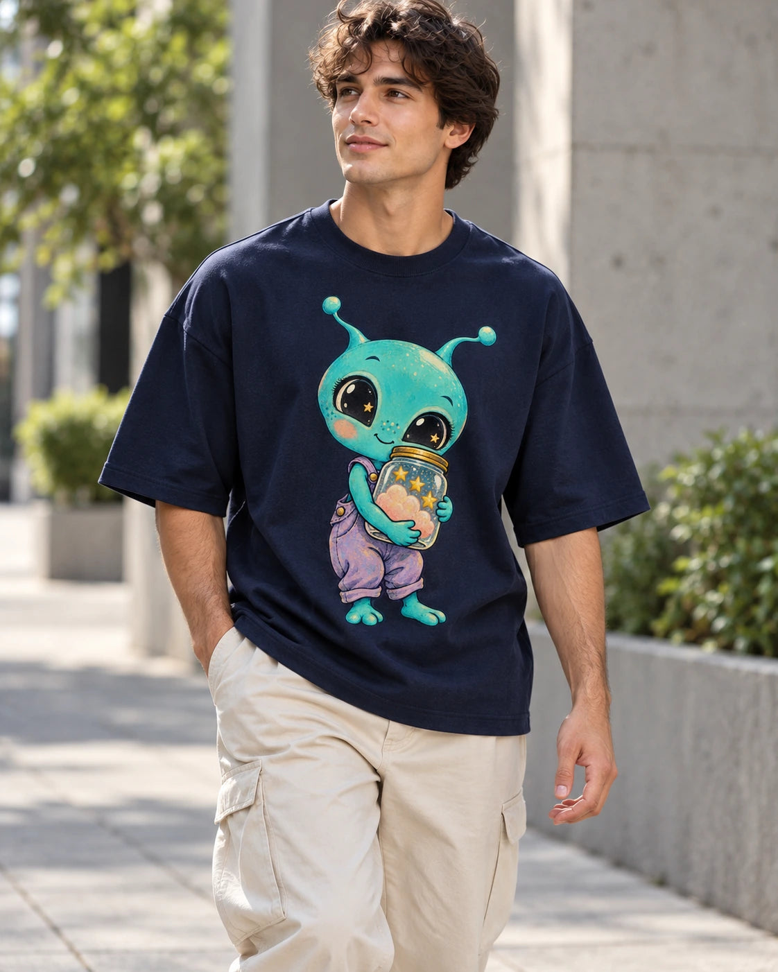 Man on a street in a navy blue oversized French terry t-shirt with an aqua alien hugging a jar of pink clouds and stars