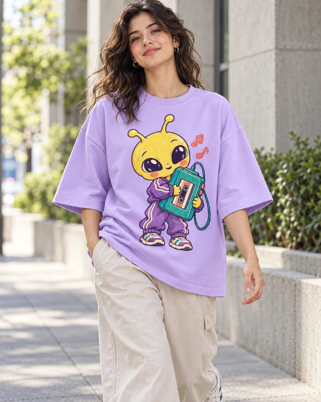Woman on a street in a lavender oversized French terry t-shirt with a yellow alien in a tracksuit holding a cassette player