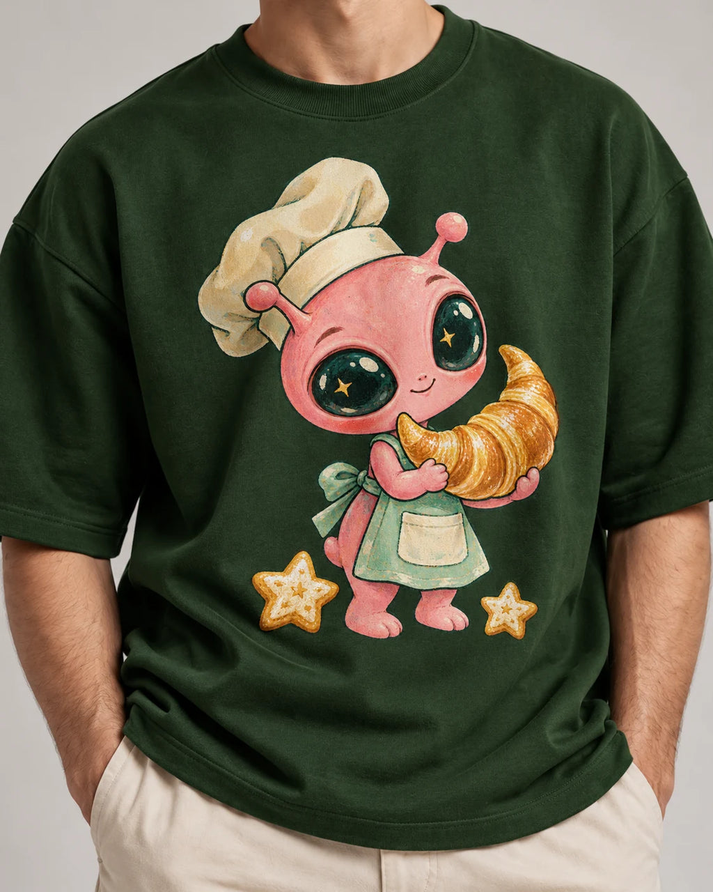 Close-up of a pink alien chef carrying a giant croissant printed on a bottle green oversized French terry t-shirt