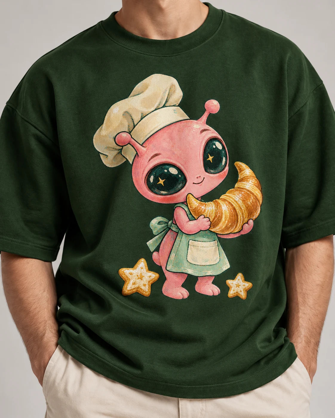 Close-up of a pink alien chef carrying a giant croissant printed on a bottle green oversized French terry t-shirt