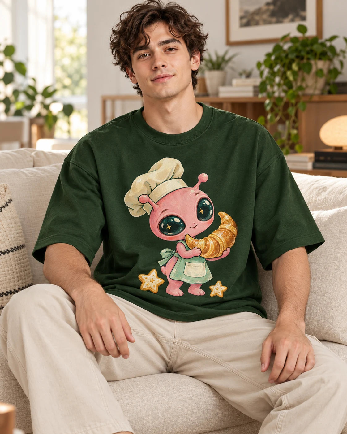 Man on a sofa in a bottle green oversized French terry t-shirt with a pink alien chef carrying a giant croissant