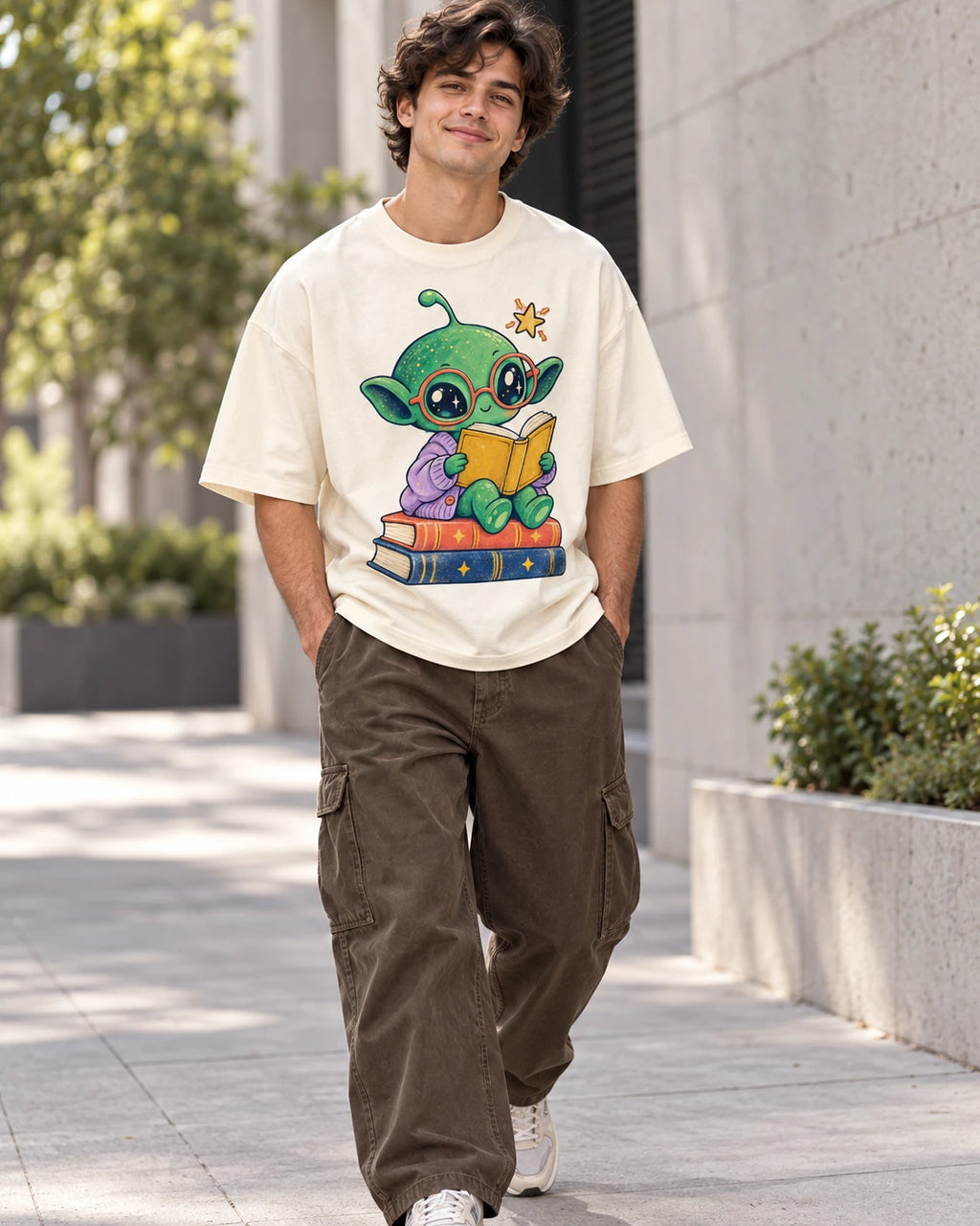 Man on a street in an off-white oversized French terry t-shirt with a green alien in red glasses reading on a stack of books