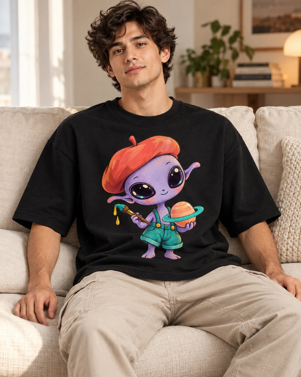Man on a sofa in a black oversized French terry t-shirt with a purple alien in a beret painting a ringed planet