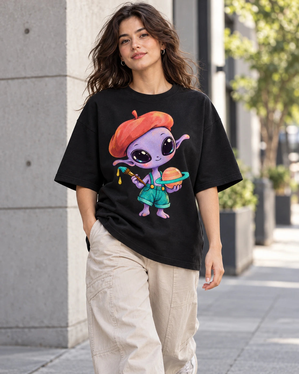 Woman on a street in a black oversized French terry t-shirt with a purple alien in a beret painting a ringed planet