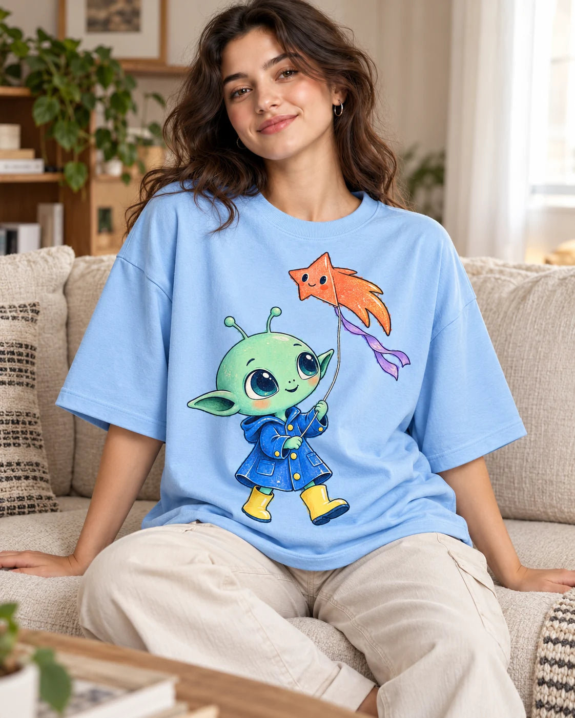 Woman on a sofa in a baby blue oversized French terry t-shirt with a green alien in a raincoat flying a star-shaped kite