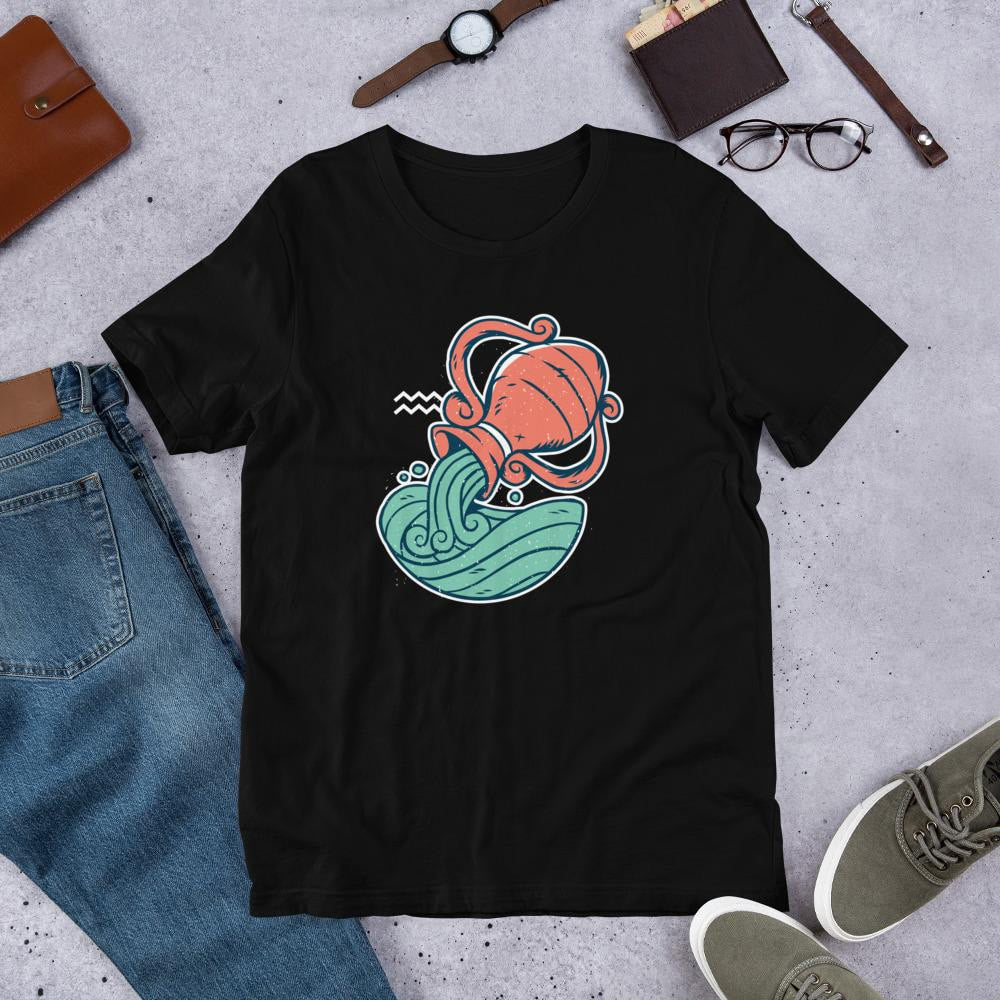 Aquarius Zodiac Half Sleeve T-Shirt — Black