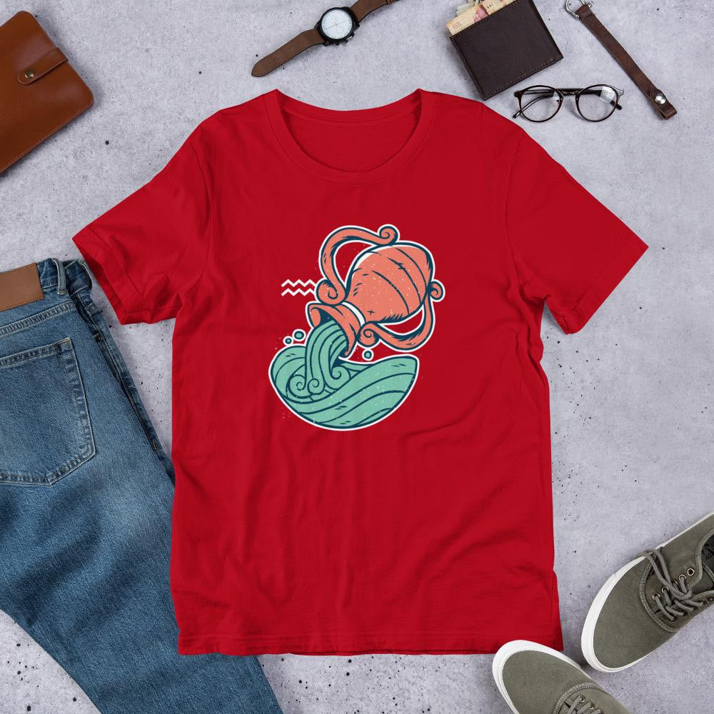 Aquarius Zodiac Half Sleeve T-Shirt — Red