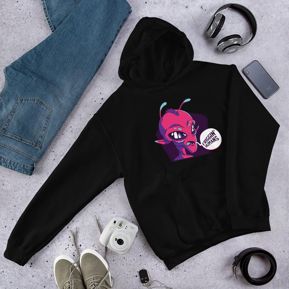 Friggin Humans alien hoodie front graphic – Fourth Dimension Club