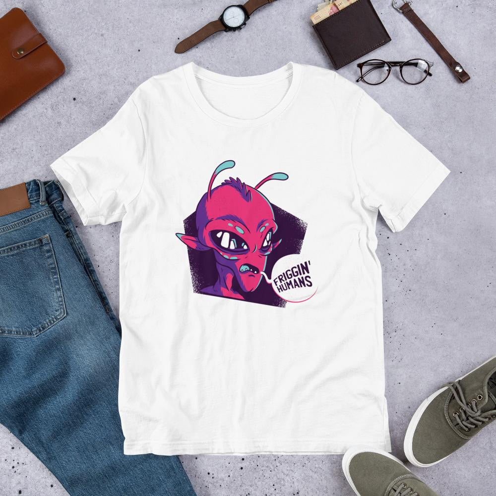 Friggin Humans alien graphic tee front view – Fourth Dimension Club