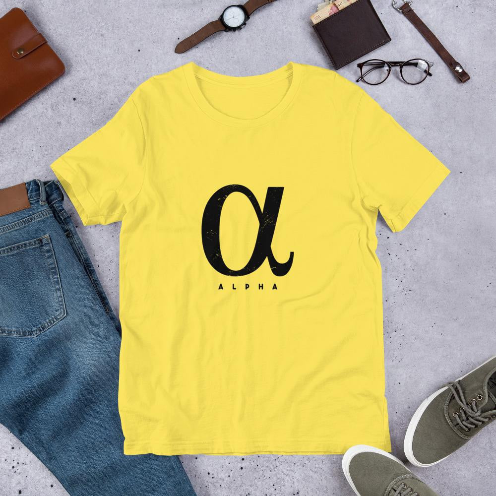 Alpha graphic tee front lettering – Fourth Dimension Club