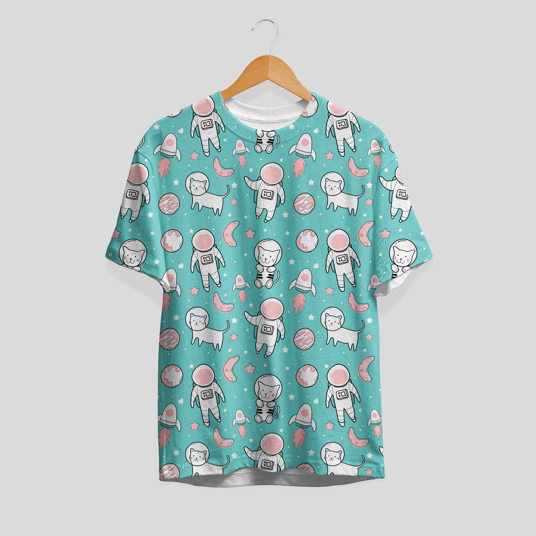 Polyester t-shirt with Astronaut & Cat Pattern print
