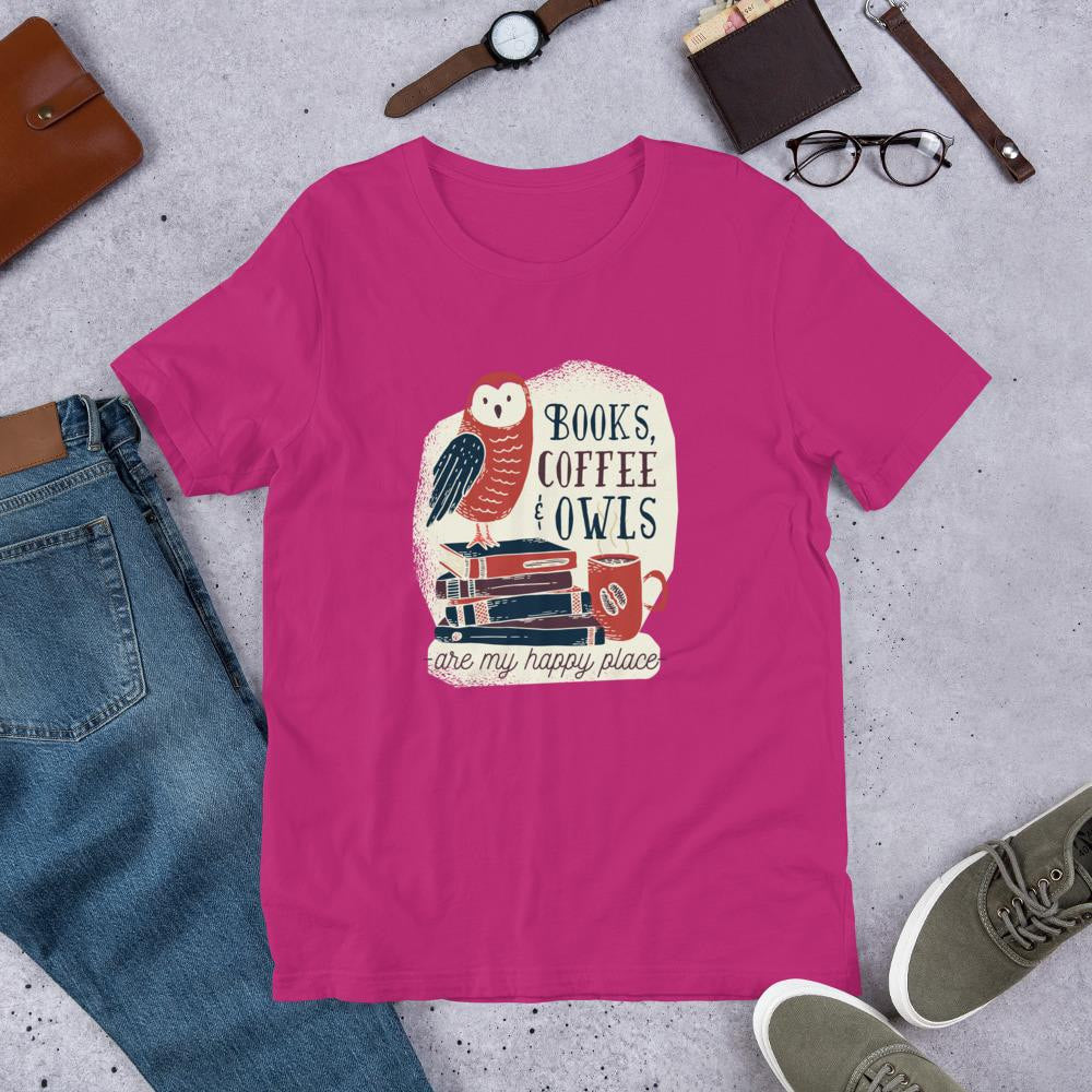 Books, Coffee & Owls Half Sleeve T-Shirt — Pink