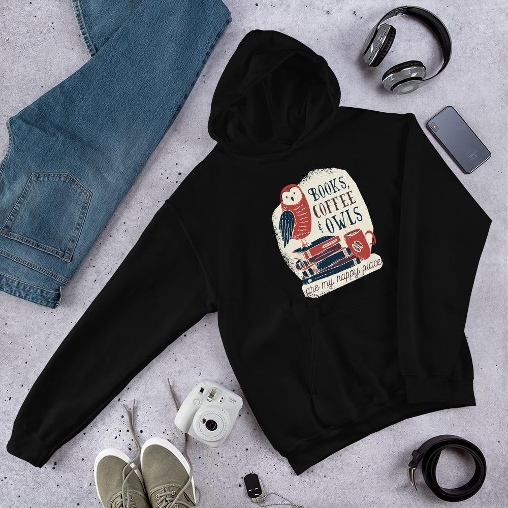 Books, Coffee & Owls unisex Hooded Sweashirt — Black