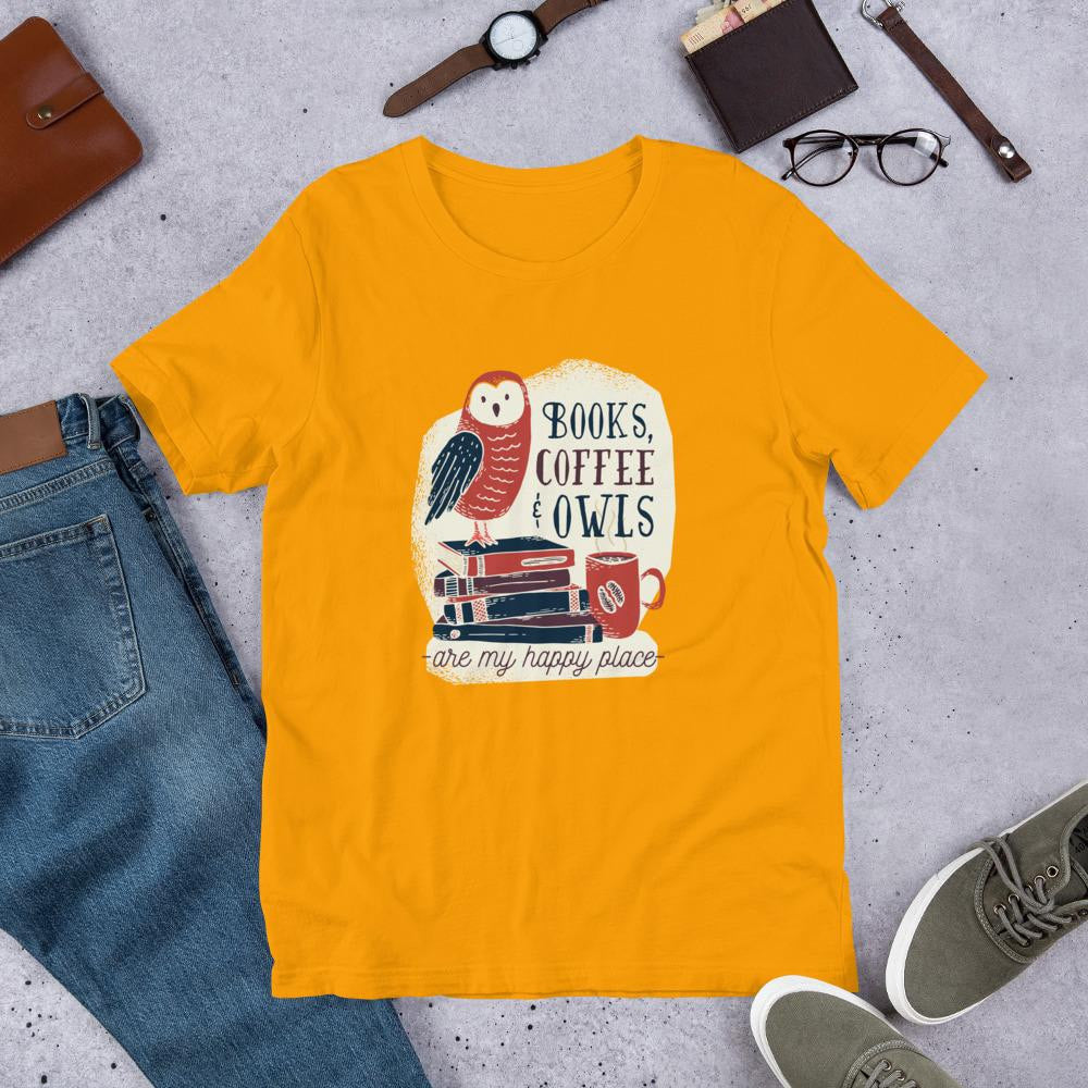 Books, Coffee & Owls Half Sleeve T-Shirt — Gold