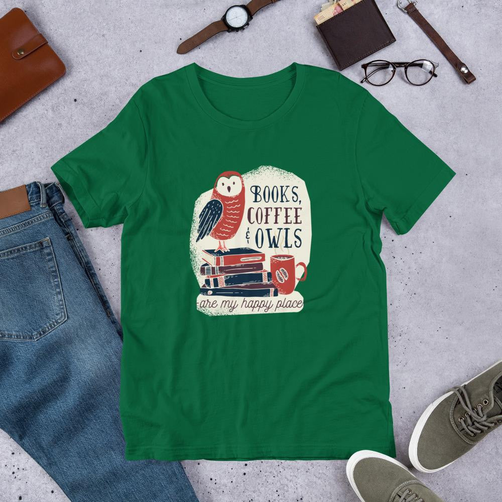 Books, Coffee & Owls Half Sleeve T-Shirt — Green