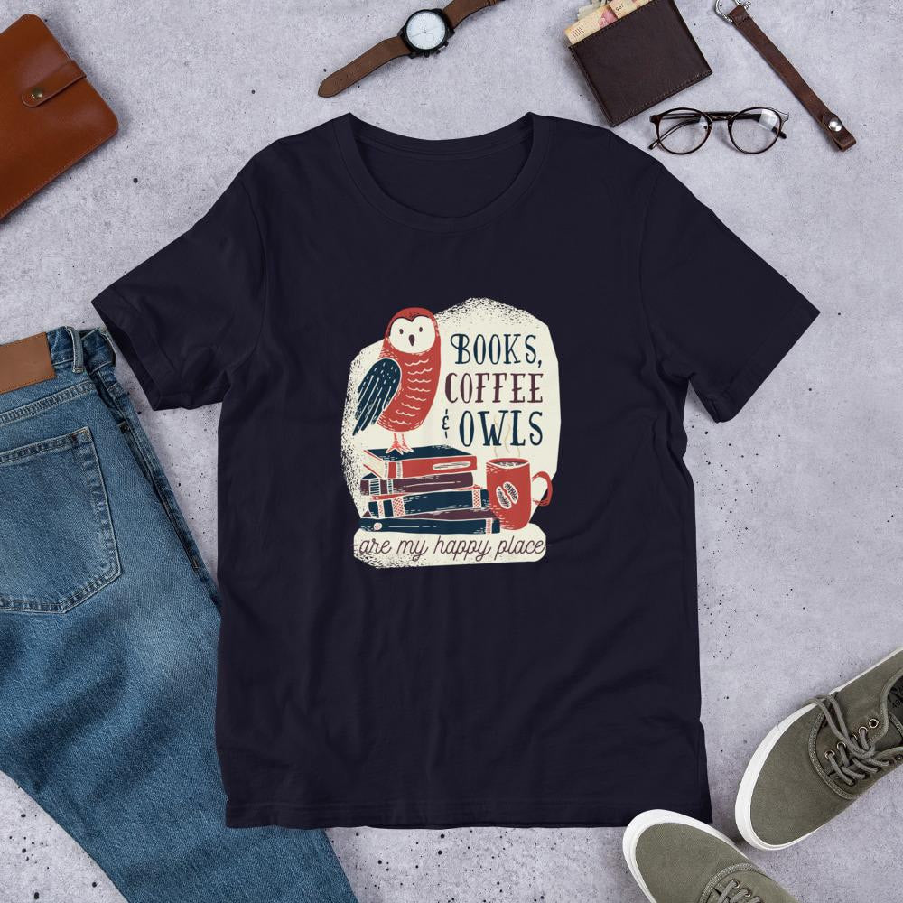 Books, Coffee & Owls Half Sleeve T-Shirt — Navy