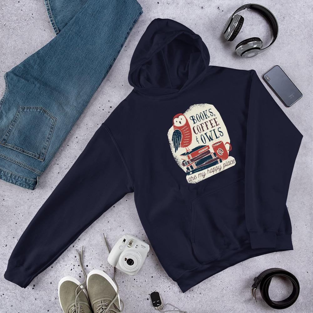Books, Coffee & Owls unisex Hooded Sweashirt — Navy