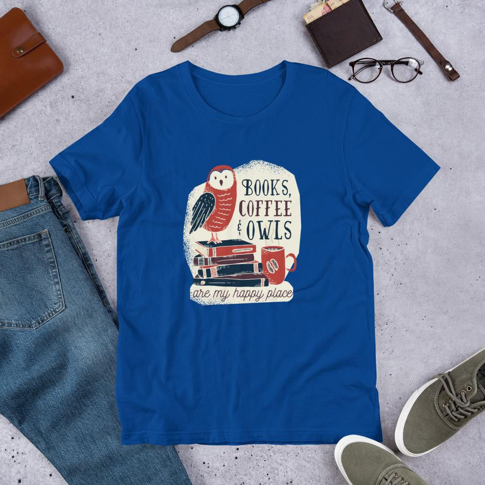 Books, Coffee & Owls Half Sleeve T-Shirt — Blue