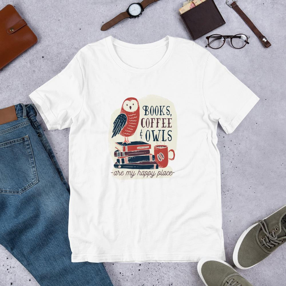 Books, Coffee & Owls Half Sleeve T-Shirt — White
