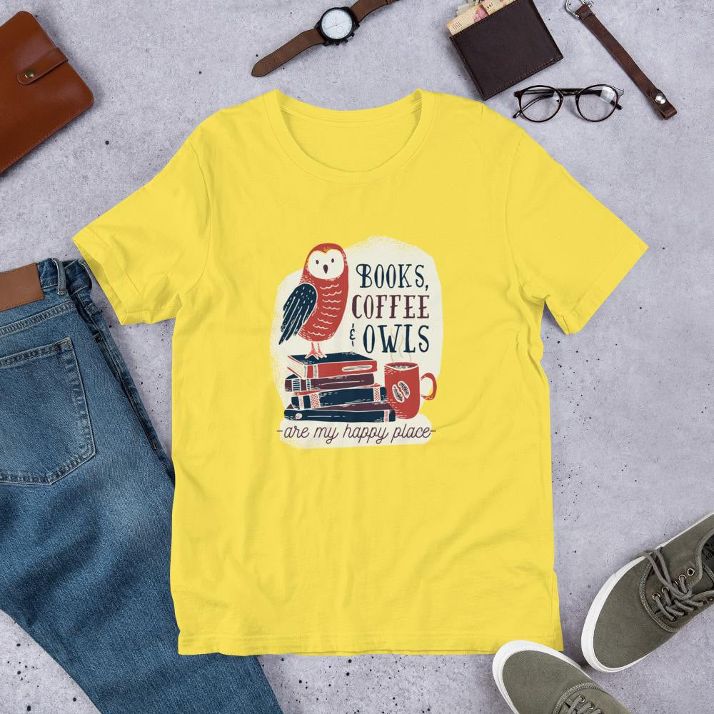 Books, Coffee & Owls Half Sleeve T-Shirt — Yellow