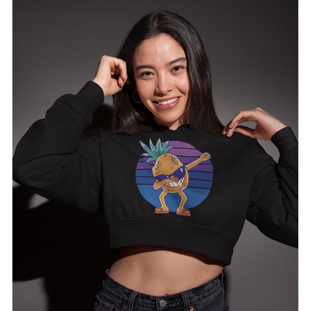 Cartoon Pineapple Dabbing Crop Hoodie — Black