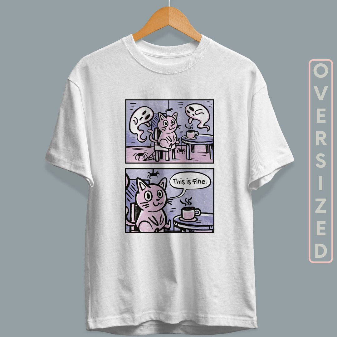 Cat In Haunted House Unisex Oversized T-Shirt — back view