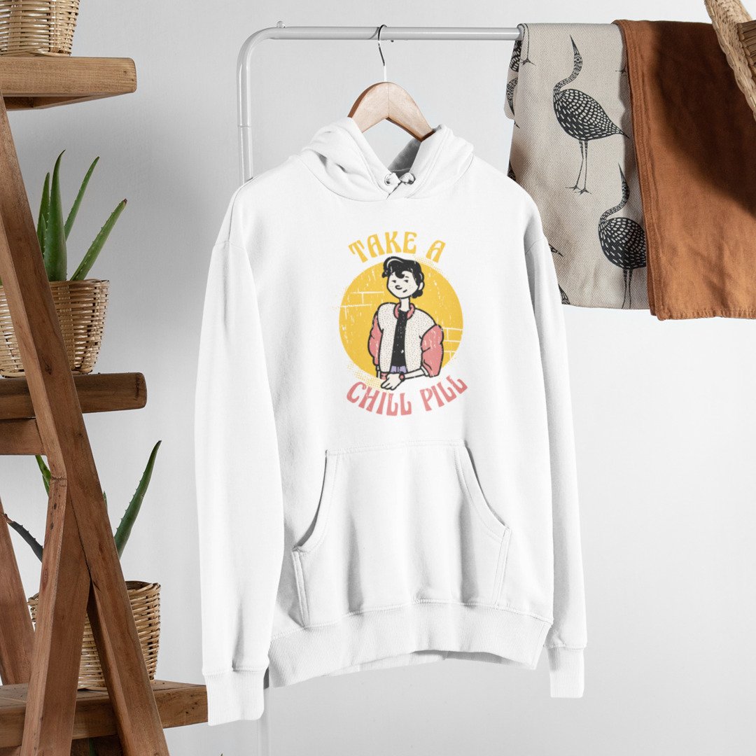 Chill Pill Retro Unisex Hooded Sweatshirt — White