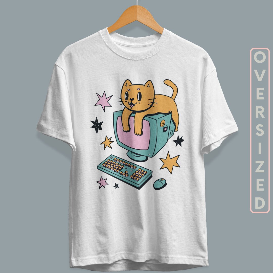 Computer Cat Cartoon Unisex Oversized T-Shirt — back view