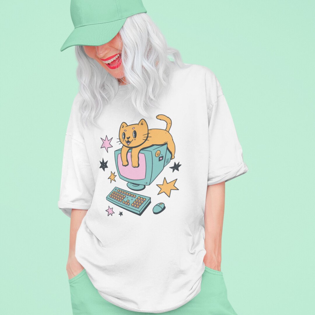 Computer Cat Cartoon oversized tee front graphic – Fourth Dimension Club