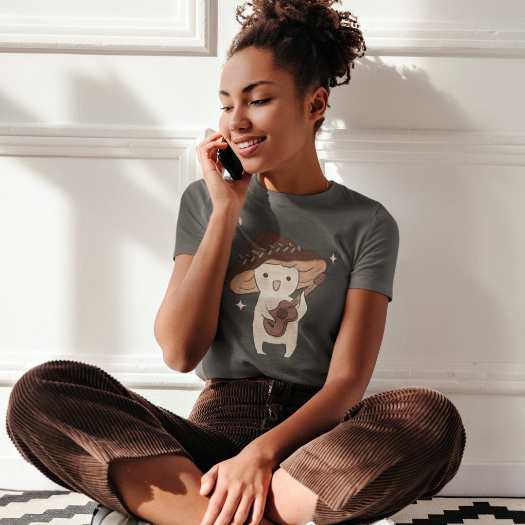 Cotton t-shirt with Cute Mushroom Playing Guitar print