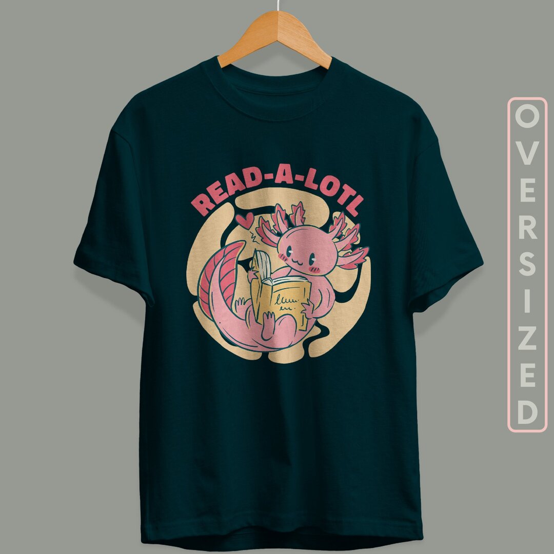 Cute Axolotl Reading Unisex Oversized T-Shirt — back view