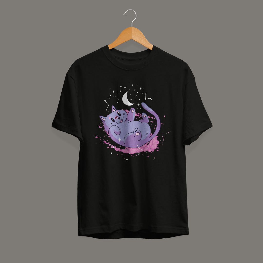 Cute Space Cat Unisex Half Sleeve T-Shirt — Black