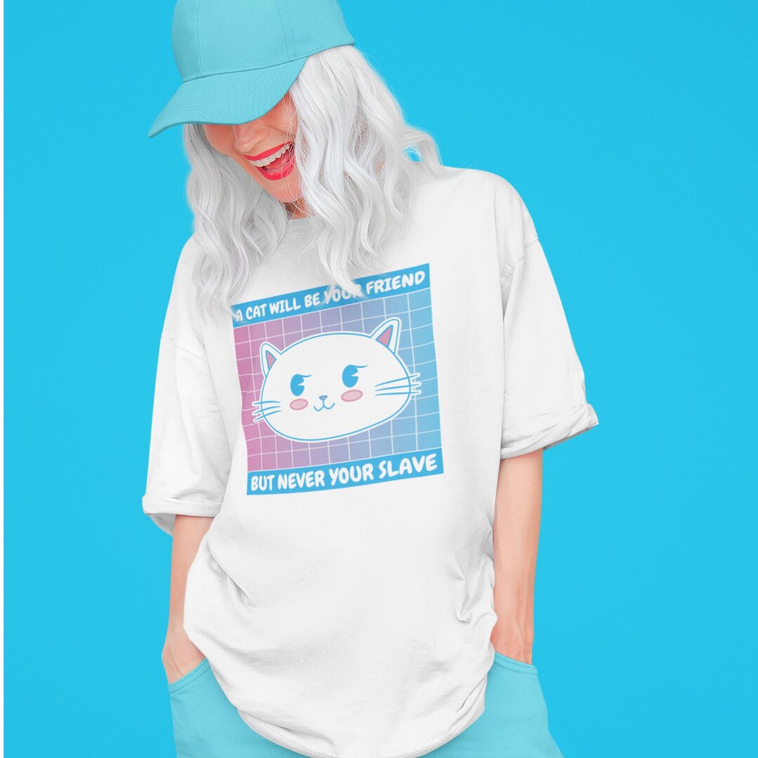 Cute White Cat oversized tee front graphic – Fourth Dimension Club