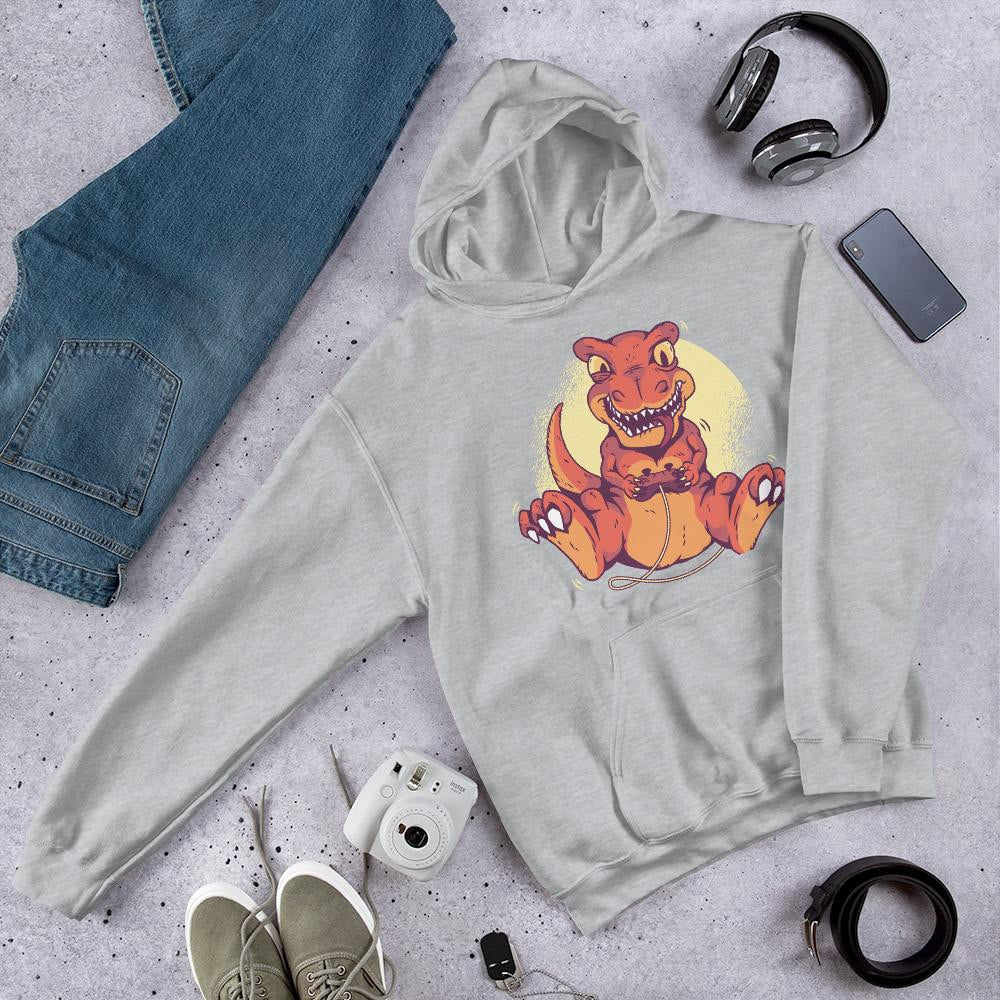 Gaming Dino Unisex Hooded Sweatshirt — Grey