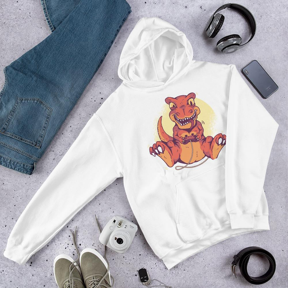 Gaming Dino Unisex Hooded Sweatshirt — White